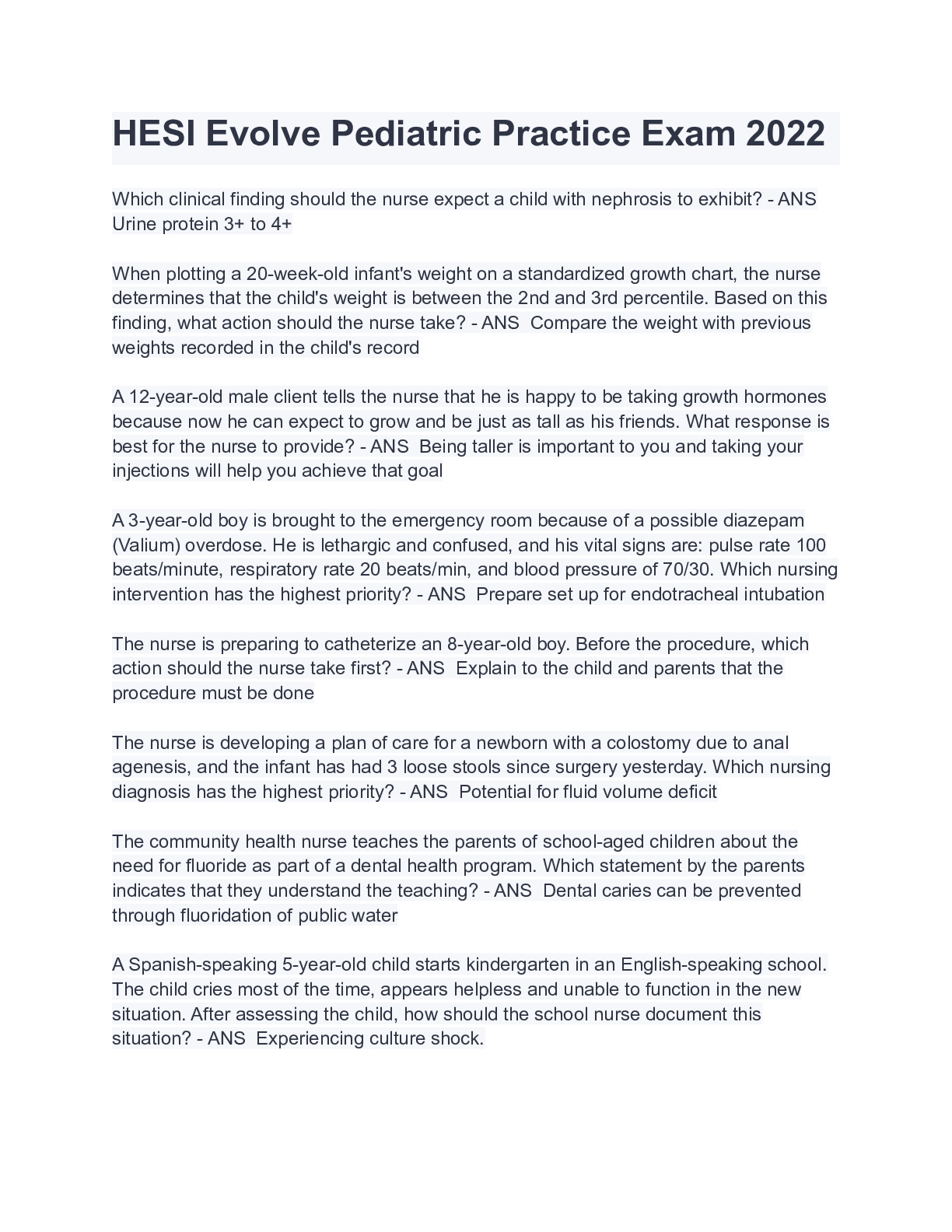 Preview image for Nursing_knowledge_Assessment_Practice_Exam Evolve Pediatric Practice Exam 2022 BRAND NEW !!( A+ GRADED 100% VERIFIED)